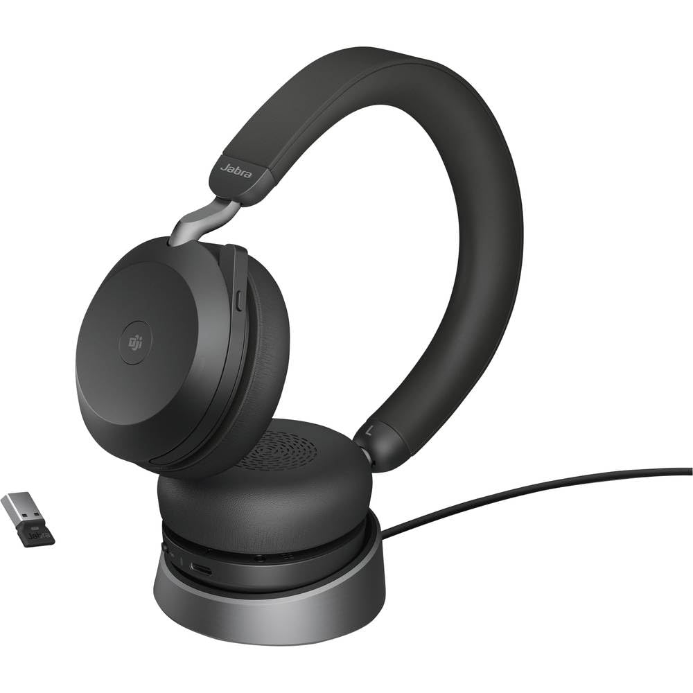 Jabra Evolve2 75 MS Teams Wireless Bluetooth Headset with Active Noise Cancellation, 8-Mic Technology, USB-A Adapter & Charging Stand