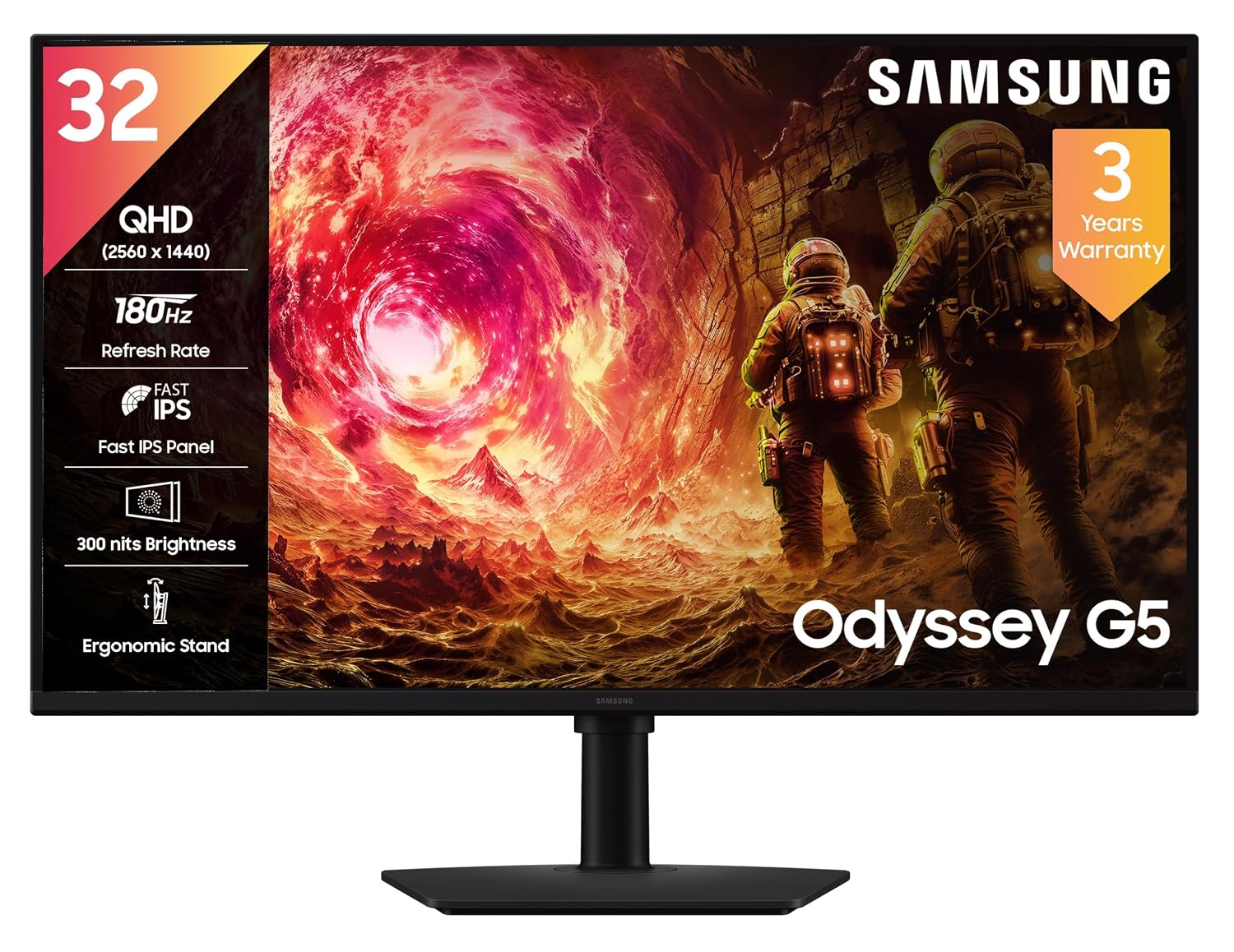 Samsung 32" Odyssey G5 Fast IPS Gaming Monitor|QHD 2560 x 1440|180 Hz|1ms|300nits|HDR10|AMD FreeSync|G-Sync|Ports-DP,HDMI,Headphone|Height-Tilt-Swivel-Pivot Adjustable Stand|LS32FG502EWXXL|Black