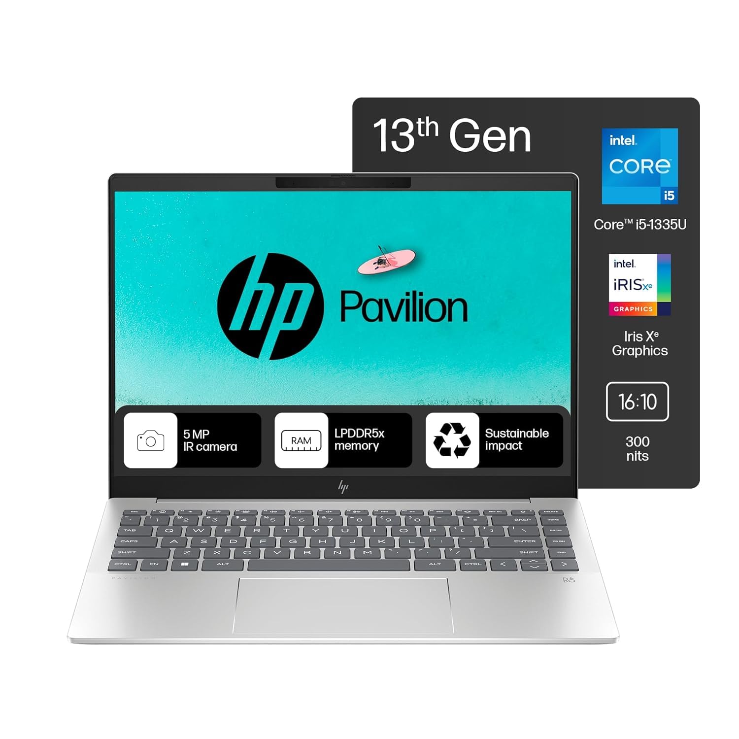 HP Pavilion Plus, Intel Core i5-1335U-13th Gen Laptop, (16GB LPDDR5x,512GB SSD),IPS, 300 nits, 14''(35.6cm) 2K,Win 11, M365 Basic(1yr), Office Home 24, Silver,1.38kg, 5MP Camera w/Shutter, ew0107TU