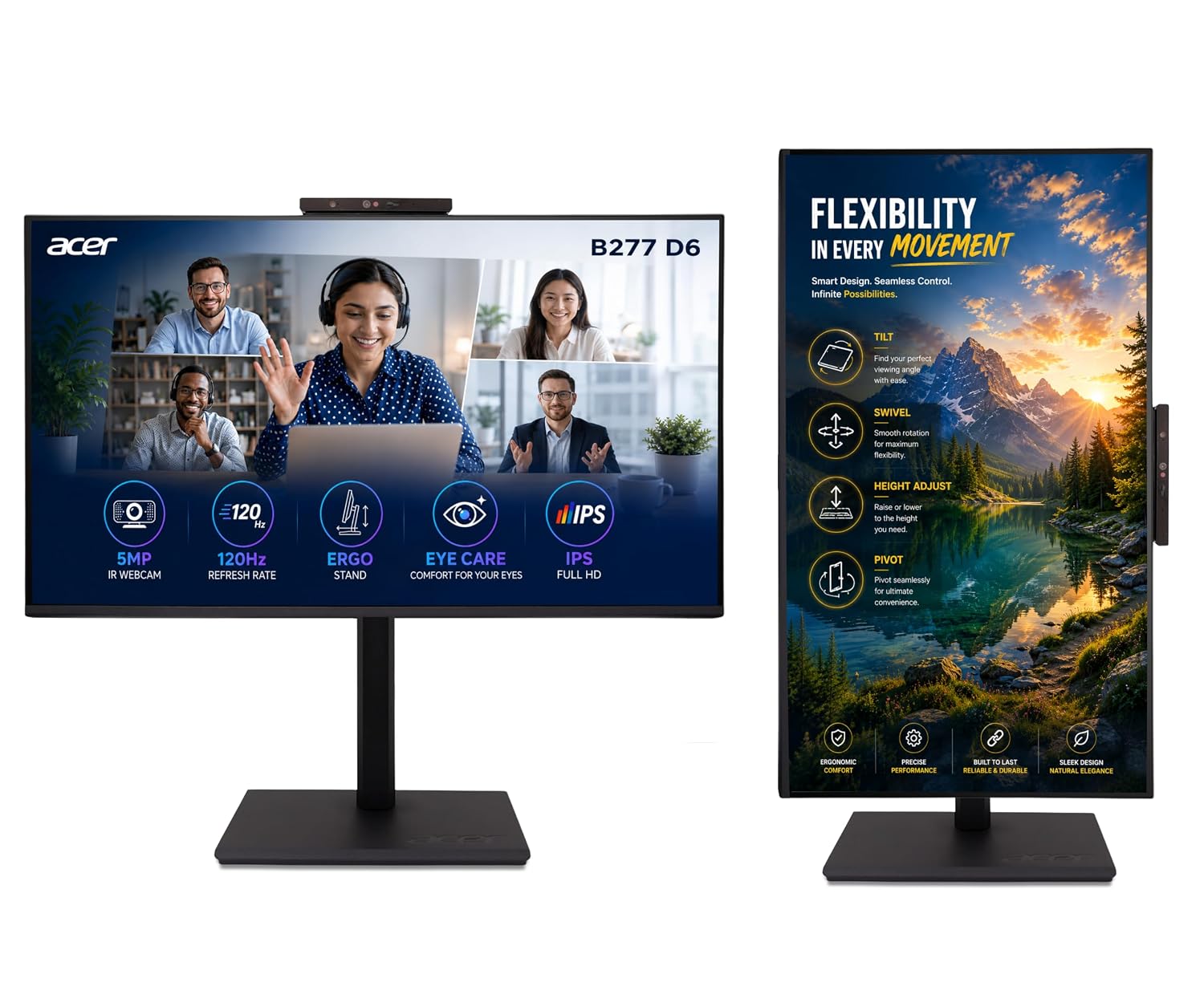 Acer B277 D6 27 Inch IPS Full HD Backlit LED LCD Monitor I IR 5M Adjustable Webcam with Human Presence Detection, 120Hz, Height Adjustment and Pivot, HDMI, VGA, DP, USB 3.2 HUB I Stereo Speakers