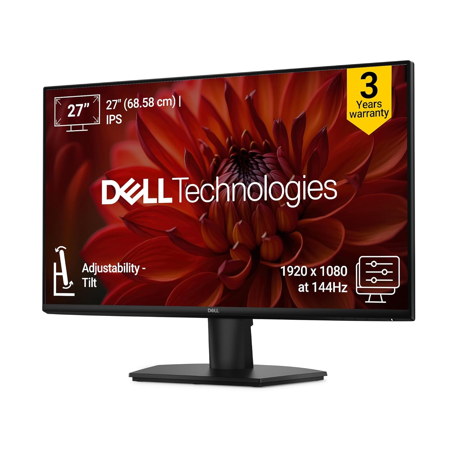 Dell SE2726H 27" FHD Monitor|144Hz Refresh|IPS Panel, 1ms MPRT|Contrast 1,000:1|16:9 Aspect| Tilt Adjustment|300 cd/m2 Brightness|AMD FreeSync|2*HDMI|Anti-Glare|3-Star Eye Comfort|3 Years Warranty